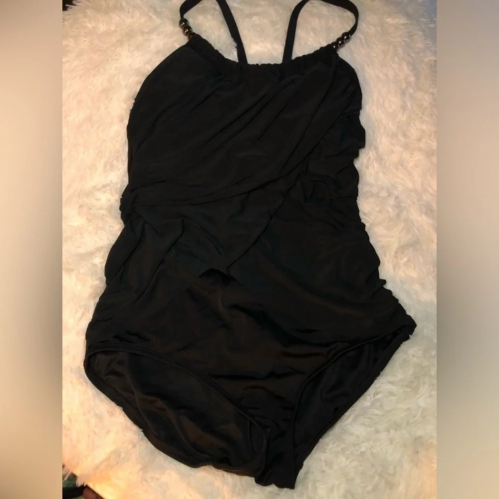 Slimming Draped One-Piece  Black Swimsuit with Straps size 14 8 and 4